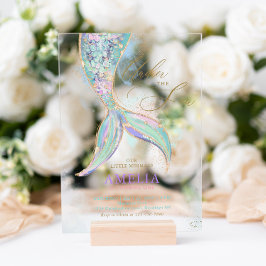 Invitaciones Acrílicas Cumpleaños de la sirena Purpurina de oro bajo el m