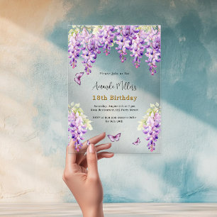 Invitaciones Acrílicas Cumpleaños de lazo de mariposa de flores púrpura d