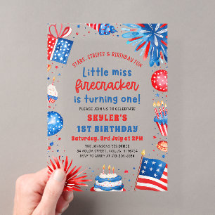 Invitaciones Acrílicas Cumpleaños de Little Miss Firecracker 4 de Julio 1