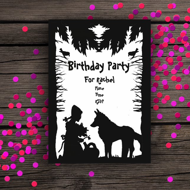Invitaciones Acrílicas Cumpleaños de los Lobos Lobos de Camarera Blanca N (Red riding hood wolf in forest trees birds watering can on black white acrylic Birthday invitation.)