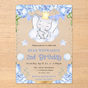 Invitaciones Acrílicas Cumpleaños de los Rosas azules y elefantes cutáneo