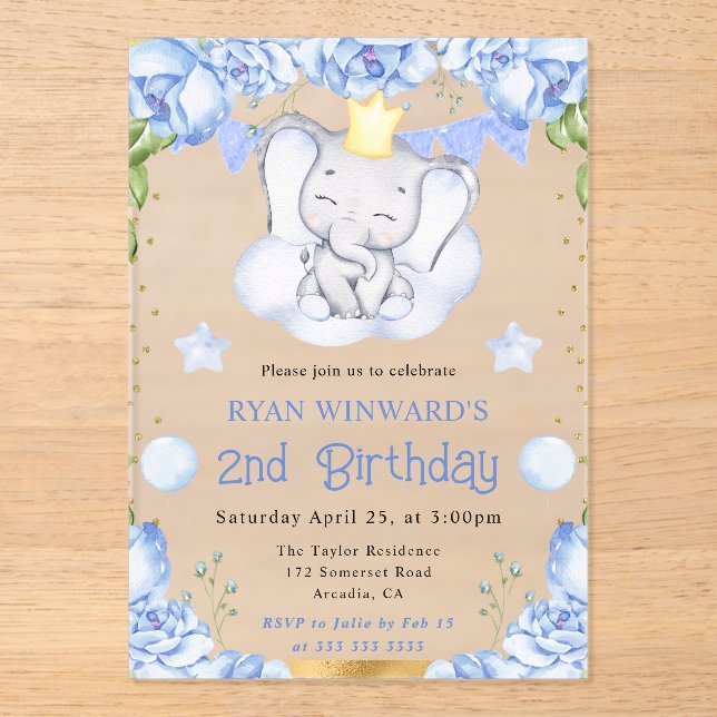 Invitaciones Acrílicas Cumpleaños de los Rosas azules y elefantes cutáneo (Anverso)