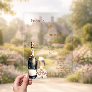 Invitaciones Acrílicas Cumpleaños de lujo elegante Prosecco perlas lazo m