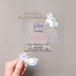 Invitaciones Acrílicas Cumpleaños de niña bebé Unicornio color Arcoíris