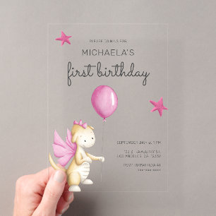 Invitaciones Acrílicas Cumpleaños de niña con dragón rosa lindo por prime