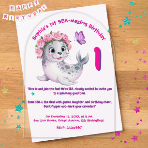 Invitaciones Acrílicas Cumpleaños de niña con león marino floral colorido