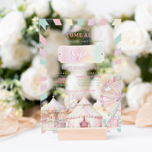 Invitaciones Acrílicas Cumpleaños de niña de colores pastel de carnaval d