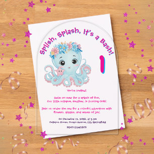 Invitaciones Acrílicas Cumpleaños de Niñas con Pulpo Floral Caprichoso y