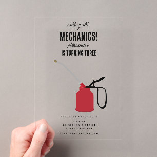 Invitaciones Acrílicas Cumpleaños de Niño Mecánico de Autos Herramientas