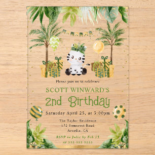 Invitaciones Acrílicas Cumpleaños de niños cebra de jungla acuarela