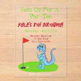 Invitaciones Acrílicas Cumpleaños de niños con tema de golf de dinosaurio