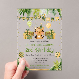 Invitaciones Acrílicas Cumpleaños de niños con tigre de jungla acuarela