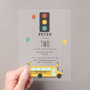 Invitaciones Acrílicas Cumpleaños de niños en autobús escolar amarillo