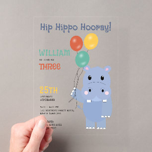 Invitaciones Acrílicas Cumpleaños de niños Hip Hipó Hipopótamo Lindo