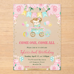 Invitaciones Acrílicas Cumpleaños de niños mono flores rosadas acuarela