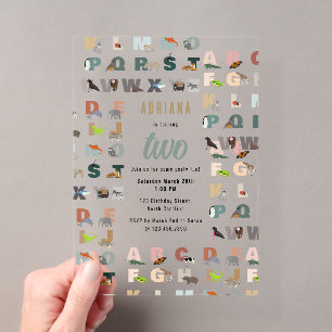 Invitaciones Acrílicas Cumpleaños de niños pequeños alfabeto ABC lindo 
