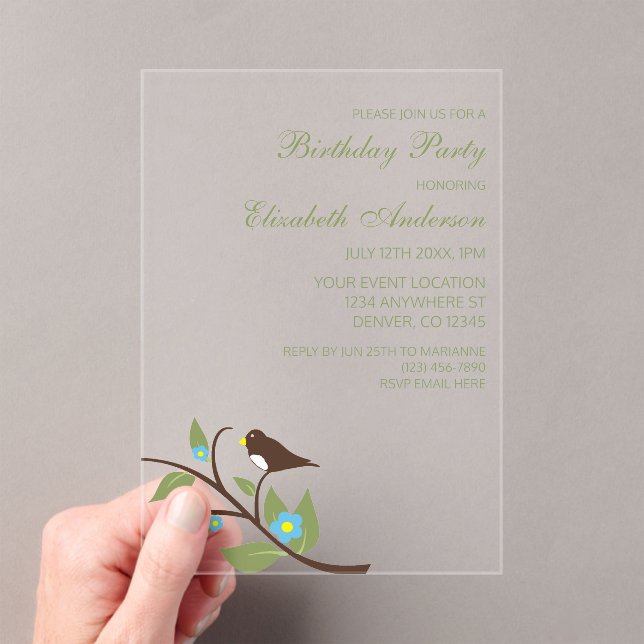 Invitaciones Acrílicas Cumpleaños de pájaro (Insitu (portátil))