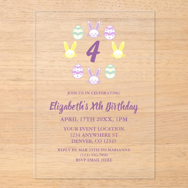 Invitaciones Acrílicas Cumpleaños de Pascua de Lavanda 4 (Anverso)