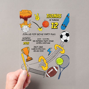 Invitaciones Acrílicas Cumpleaños de Pelotas Deportivas Retro de Cómic