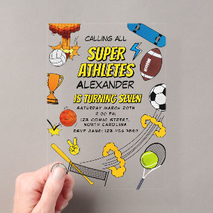 Invitaciones Acrílicas Cumpleaños de Pelotas Deportivas Retro de Cómic