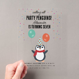 Invitaciones Acrílicas Cumpleaños de pingüinos lindos para niños en invie