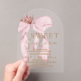Invitaciones Acrílicas Cumpleaños de Sweet 16 con lazo dorado y rosa páli