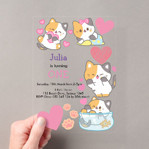 Invitaciones Acrílicas cumpleaños de una gatita bebé niña