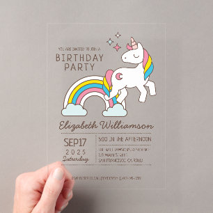 Invitaciones Acrílicas Cumpleaños de Unicornio de Arcoíris Lindo y Destel