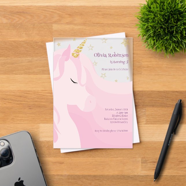 Invitaciones Acrílicas Cumpleaños de Unicornio de Oro Rosa Mágico (Insitu (Tarjeta de Invitación))