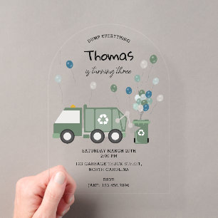Invitaciones Acrílicas Cumpleaños de vehículos de niños camión de recicla