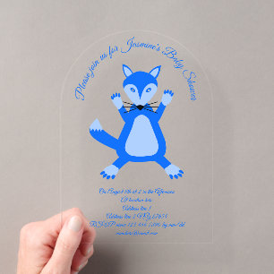 Invitaciones Acrílicas Cumpleaños de zorrito bebé azul lindo personalizad