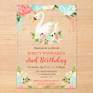 Invitaciones Acrílicas Cumpleaños del cisne de flores de melocotón y ment