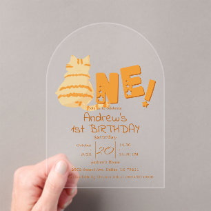 Invitaciones Acrílicas Cumpleaños del gato gordo naranja lindo 1er