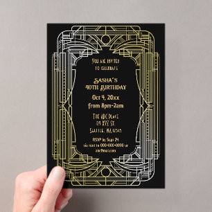 Invitaciones Acrílicas Cumpleaños del gran Gatsby art déco de los locos a