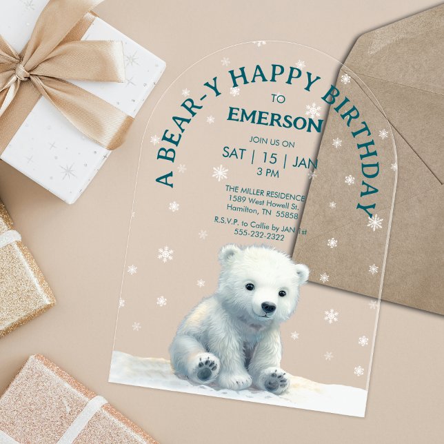 Invitaciones Acrílicas Cumpleaños del Oso Polar Claro (Clear Polar Bear Birthday Acrylic Invitations)