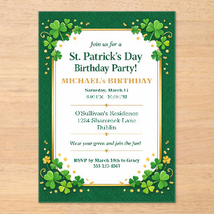 Invitaciones Acrílicas Cumpleaños del trébol de la suerte verde dorado fe