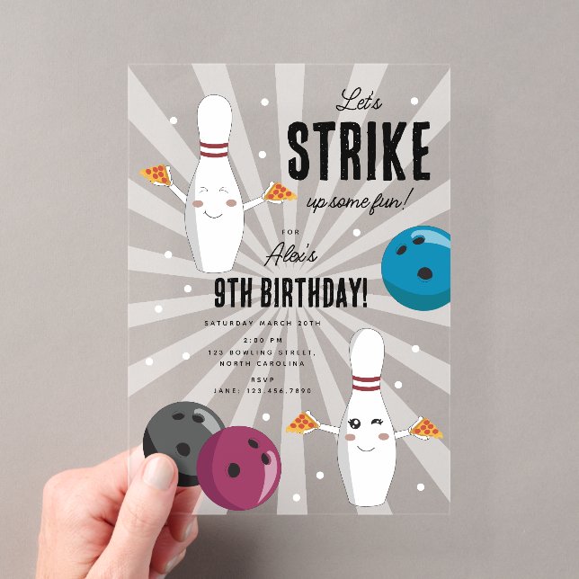 Invitaciones Acrílicas Cumpleaños divertido de Bowling Pizza Strike Up So (Insitu (portátil))