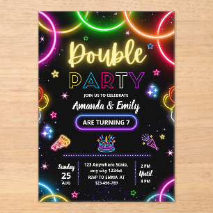 Invitaciones Acrílicas Cumpleaños Doble Gemelos Neon Cumpleaños de Herman