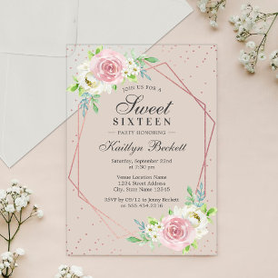 Invitaciones Acrílicas Cumpleaños Dulce 16 Chic Rosa Dorado con Motivo Fl