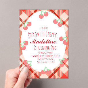 Invitaciones Acrílicas Cumpleaños Dulce Cereza Dibujada a Mano 