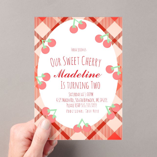 Invitaciones Acrílicas Cumpleaños Dulce Cereza Dibujada a Mano  (Insitu (portátil))