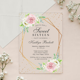 Invitaciones Acrílicas Cumpleaños Dulces 16 Chic Floral con Hojas de Oro