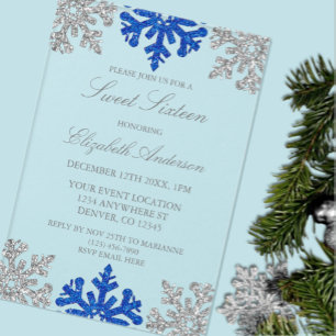 Invitaciones Acrílicas Cumpleaños Dulces 16 Copo de Nieve Azul Plateado d