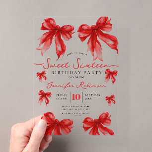Invitaciones Acrílicas Cumpleaños Dulces 16 Fiesta de Cumpleaños Rojo Laz