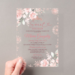 Invitaciones Acrílicas Cumpleaños Dulces 16 Flor Rosa Dorado Invierno