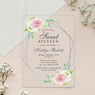 Invitaciones Acrílicas Cumpleaños Dulces 16 Floral Plateado Chic