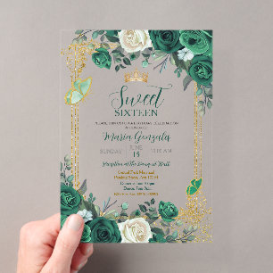 Invitaciones Acrílicas Cumpleaños Dulces Dieciséis Esmeralda Verde & Oro