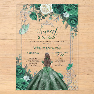 Invitaciones Acrílicas Cumpleaños Dulces Dieciséis Esmeralda Verde & Plat