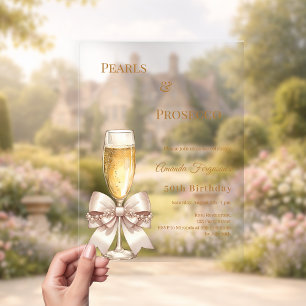 Invitaciones Acrílicas Cumpleaños elegante de Prosecco perlas con lazo do