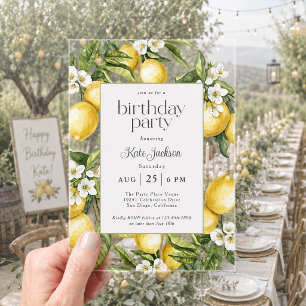 Invitaciones Acrílicas Cumpleaños elegante flor de limón mediterráneo